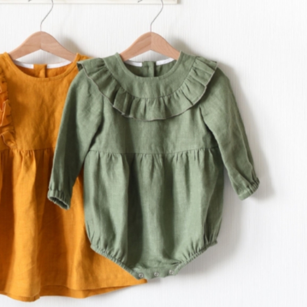 Sage Green 3M Linen Baby Romper with Ruffle Collar